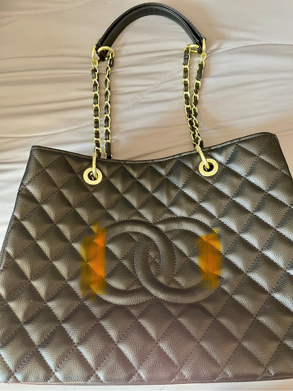 Unbranded Quilted Black Tote with Gold Chain Handles - Designer Style